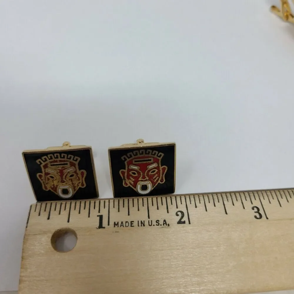Men Vintage Swank Tribal Red Black Enamel Mask Gold Tone Cufflinks Tie Bar Set
